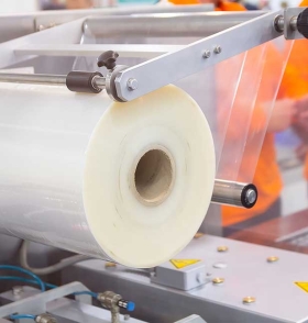 A machine with a large roll of plastic packaging film in a factory