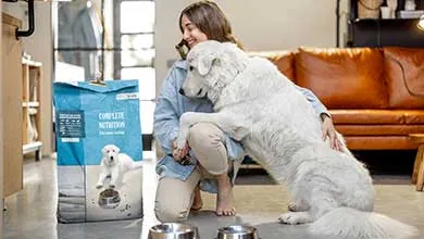 female holding white dog looking at dog food bag