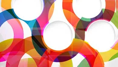 Abstract graphic with overlapping, translucent rings in red, orange, yellow, blue, and green, featuring white circular cutouts.