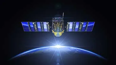 A satellite with blue solar panels orbits Earth as a bright light appears on the planet's horizon.