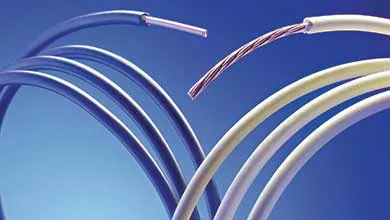 Curved blue and white electrical wires with exposed metal ends, showing both solid core and twisted stranded types, on a blue background.