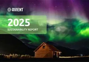 Green and purple northern lights shine over a starry night sky above a small wooden cabin nestled between mountains.