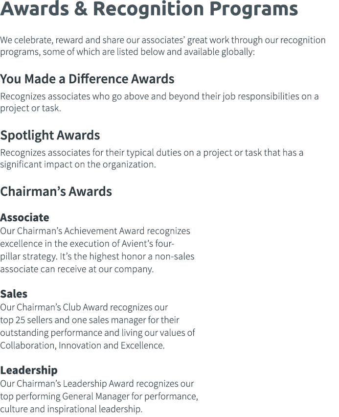 Awards & Recognition Programs We celebrate, reward and share our associates  great work through our recognition progr   