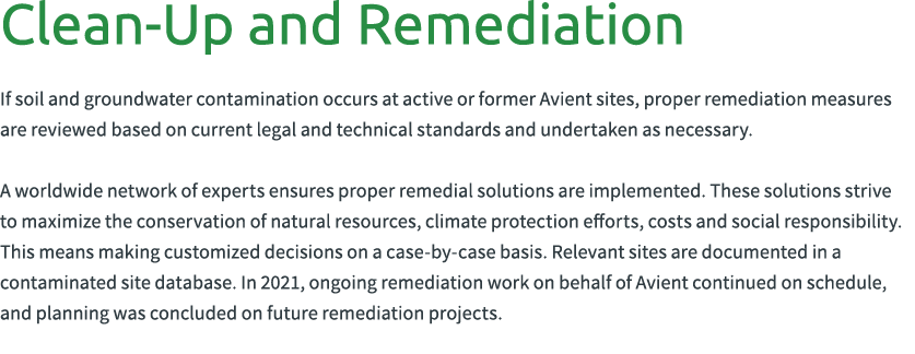 Clean-Up and Remediation If soil and groundwater contamination occurs at active or former Avient sites, proper remed...