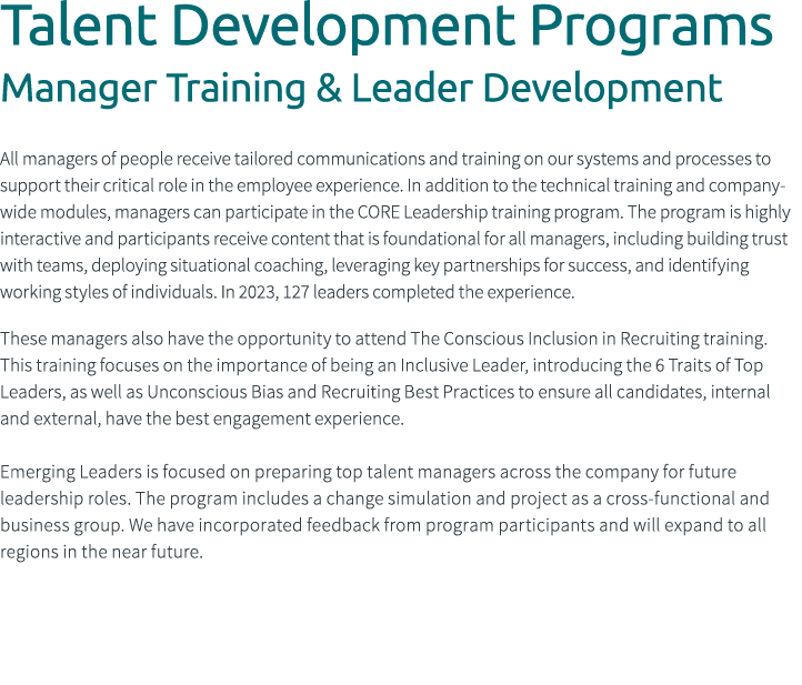 Talent Development Programs Manager Training & Leader Development All managers of people receive tailored communicati...
